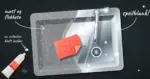 Illustrasjon sett ovenfra av en rustfri kjøkkenvask der en korallrød mikrofiberklut gjør den matte og flekkete venstre halvdelen speilblank, med en tube metallpuss og en ertestor klatt pasta på benken ved siden av.