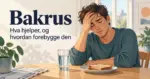 Illustrasjon av en mann med bakrus som holder seg til pannen ved et frokostbord med vann og brød, med teksten «Bakrus – Hva hjelper, og hvordan forebygge den».