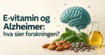 Illustrasjon av en hjerne over mandler, solsikkefrø, spinat og planteolje, med teksten «E-vitamin og Alzheimer: hva sier forskningen?».