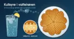 Illustrasjon av et glass iskaldt kullsyrevann med isbiter og sitronskive der CO₂-bobler stiger opp og flyter over mot en gyllen hjertevaffel på en tallerken, med et forstørret tverrsnitt som viser luftlommer inni vaffelen og sprø kanter, og teksten «Kullsyre i vaffelrøren».