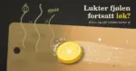 Illustrasjon av en skjærefjøl i tre på en mørk benkplate, der en sitronhalvdel med grovt salt skrubber bort grønne luktstriper med en løk og et fiskeskjelett fra den matte, ripete delen av fjølen og etterlater et blankt, glitrende spor, sammen med teksten «Lukter fjølen fortsatt løk?» og «Sitron og salt trekker lukten ut».