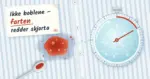 Illustrasjon av en stripete skjorte sett ovenfra med en tomatsausflekk som duppes med vanndråper fra et glass selters formet som en stoppeklokke, en skje med skrapt saus og en serviett med teksten «Ikke boblene – farten redder skjorta».