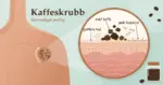 Illustrasjon av en skulder der det masseres inn kaffeskrubb, med et forstørrelsesutsnitt som viser hvordan korn av malt kaffe skrubber bort døde hudceller fra hudoverflaten og etterlater glattere hud, ved siden av et glass med hjemmelaget skrubb.