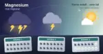 Illustrasjon av tre blisterbrett med magnesiumtabletter merket «Måned 1», «Måned 2» og «Måned 3» under en himmel som går fra et mørkt tordenvær med mange lyn til en sol med en liten sky igjen, med teksten «Magnesium mot migrene» og «Færre anfall – over tid, men sjelden helt borte».