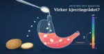 Illustrasjon av en teskje som drysser potetmel ned i en magesekk av glass fylt med rød magesyre, der stivelseskornene fra en halvert potet svever uendret blant H⁺-ioner, mens en pH-skala viser at syren blir værende rundt pH 2 og et spørsmålstegn ved den håpede forskyvningen mot nøytral.