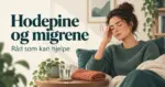 Illustrasjon av en kvinne som holder hånden mot tinningen, med et glass vann og et sammenbrettet håndkle ved siden av seg og teksten «Hodepine og migrene – Råd som kan hjelpe».