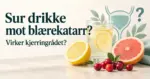 Et glass sitronvann, sitron, grapefrukt og tranebær ved en illustrasjon av urinblæren og teksten «Sur drikke mot blærekatarr? Virker kjerringrådet?».