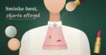 Illustrasjon av en hvit bunadsskjorte med brodert krage og sølje der et rosa håndkle er stukket ned i halsåpningen som en smekke og fanger opp pudder fra en sminkekost, en foundationdråpe og et leppestiftmerke, omgitt av en åpen pudderdåse og en leppestift og teksten «Sminke først, skjorta etterpå».