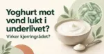 Illustrasjon av en skål yoghurt naturell, en skje og melkesyrebakterier, med teksten «Yoghurt mot vond lukt i underlivet?» og «Virker kjerringrådet?».